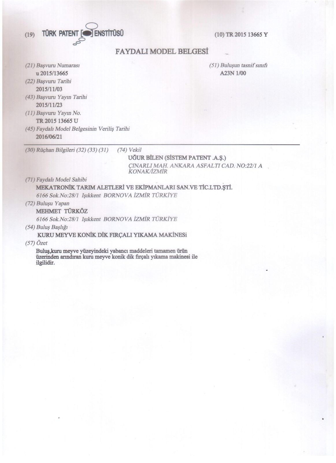 Scan of the Patent Certificate certificate