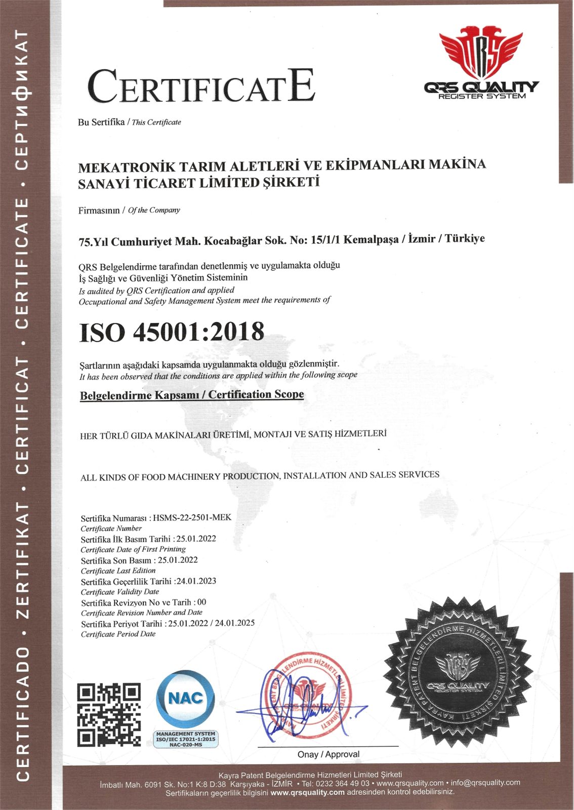 Scan of the ISO 45001 certificate