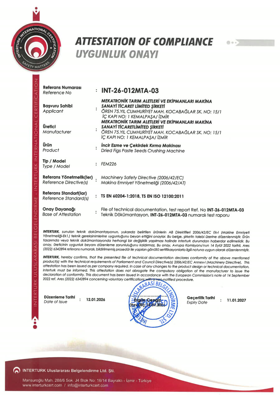 Scan of the Dried Fig Paste and Seed Crushing Machine certificate