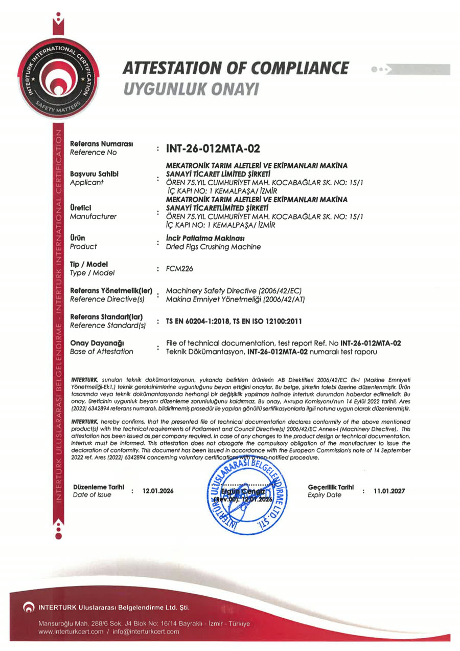 Scan of the Dried Fig Crushing Machine certificate