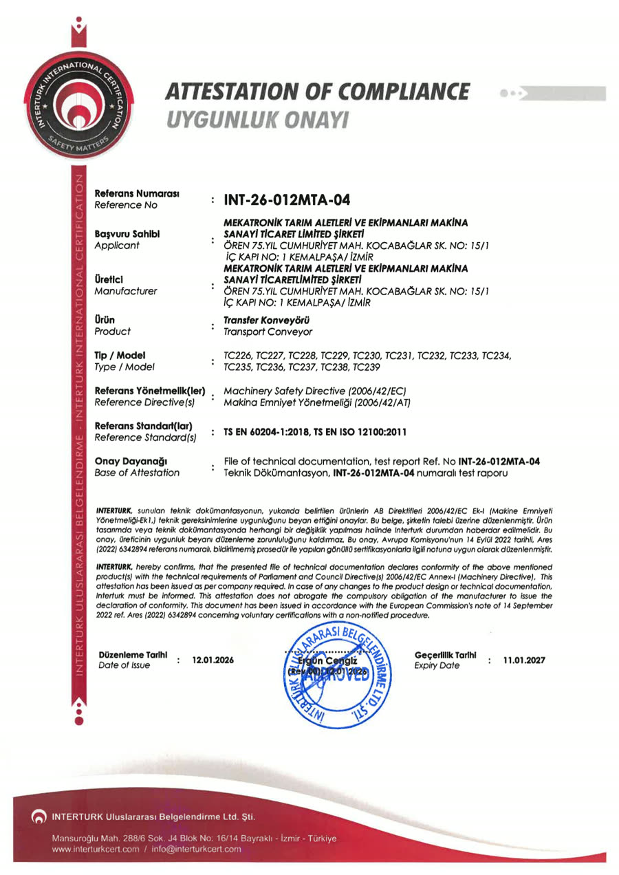 Scan of the Transport Conveyor certificate
